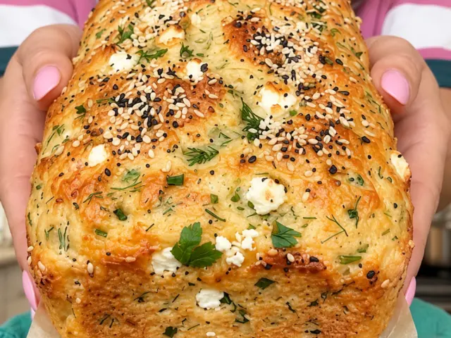 Golden cottage cheese feta herb loaf with sesame crust held over a wooden board