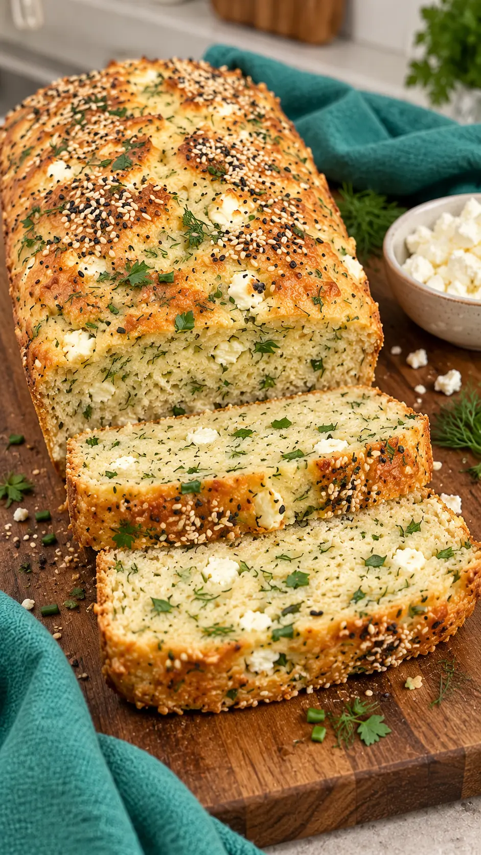 Sliced cottage cheese feta herb bagel bread with a golden sesame crust