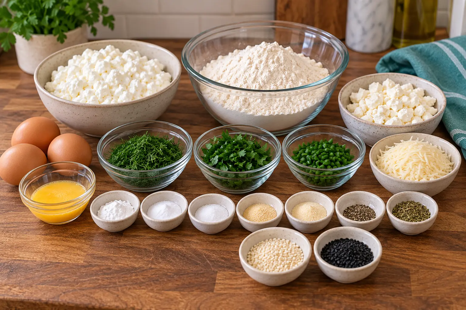 Cottage cheese, feta, Parmesan, eggs, flour, fresh herbs, and sesame topping ingredients