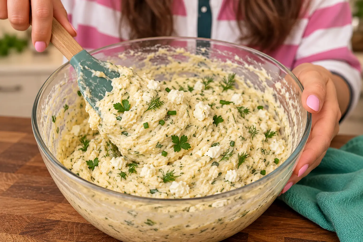 Thick cottage cheese batter folded with feta, dill, parsley, and chives