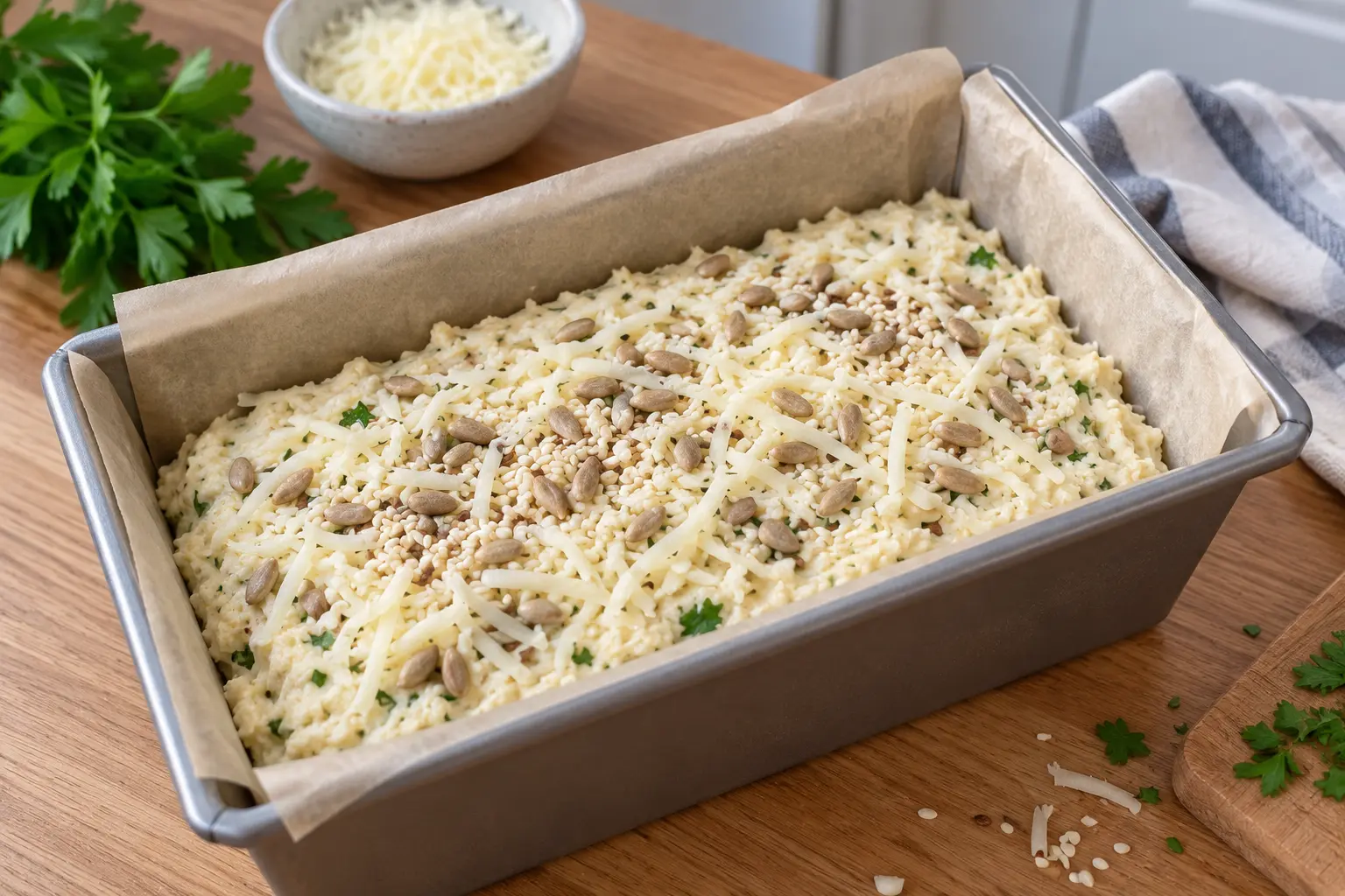 Cottage cheese bread batter topped with mozzarella and optional seeds in a loaf pan
