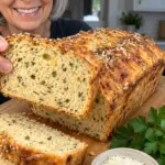 Sliced garlic Parmesan cottage cheese loaf with parsley flecks and a golden seeded cheese crust