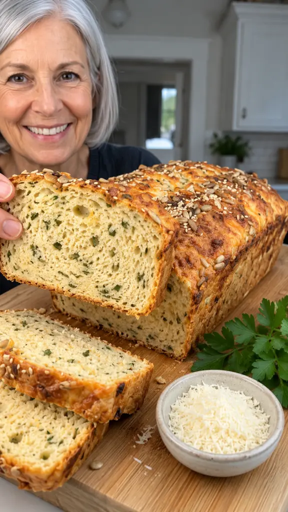 Sliced garlic Parmesan cottage cheese loaf with parsley flecks and a golden seeded cheese crust