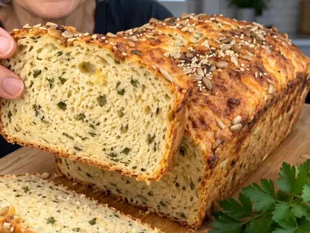Sliced garlic Parmesan cottage cheese loaf with parsley flecks and a golden seeded cheese crust