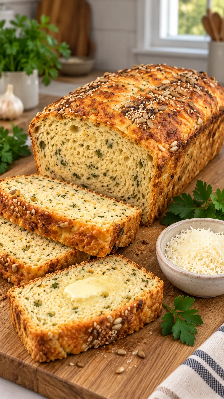 Garlic Parmesan cottage cheese bread sliced on a board beside grated Parmesan