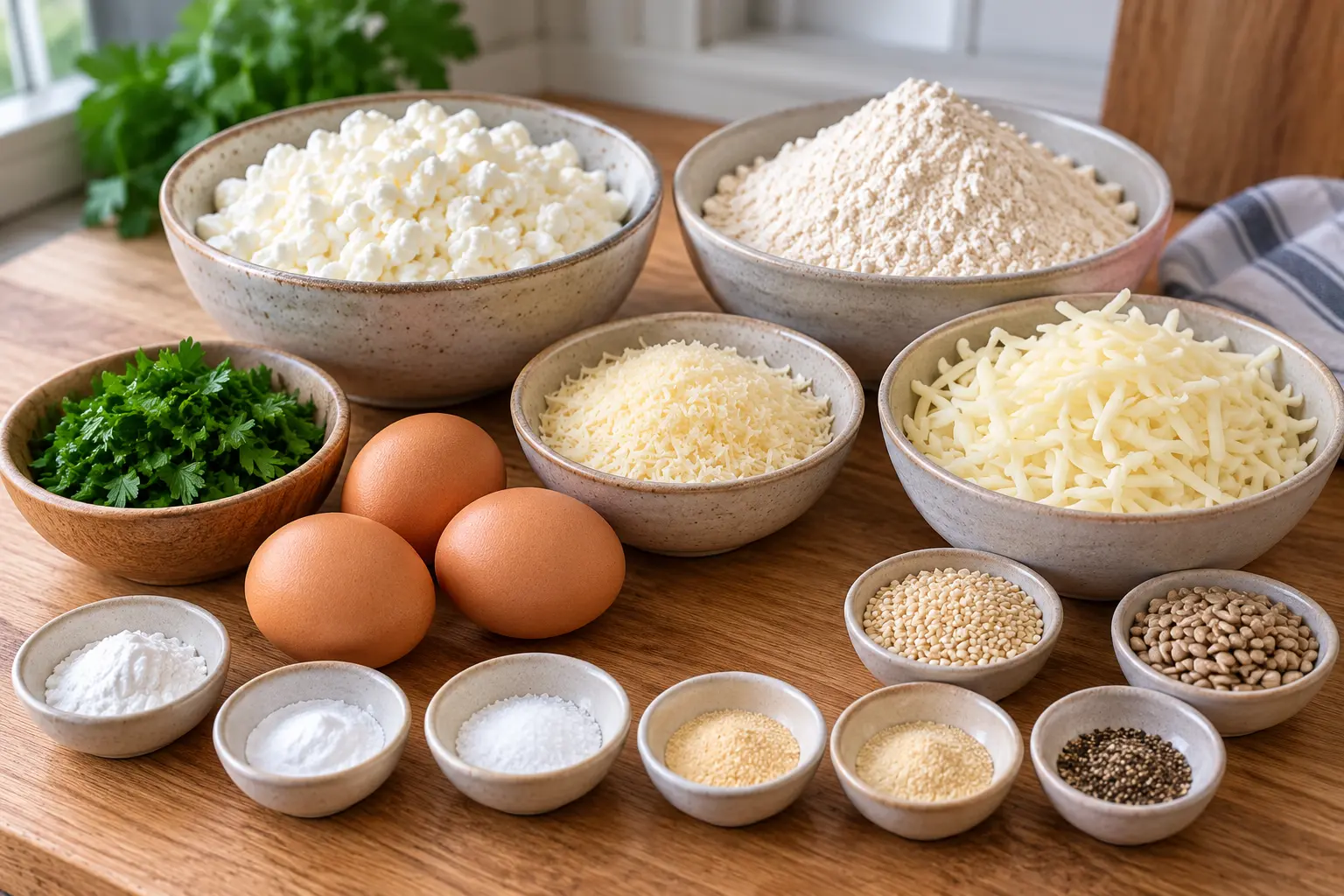 Cottage cheese, three eggs, flour, cheeses, parsley, and seasonings for garlic Parmesan bread