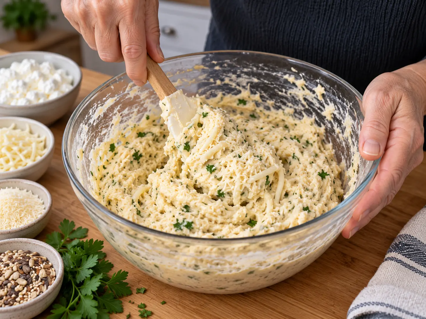 Thick garlic Parmesan cottage cheese batter being folded with parsley and cheese