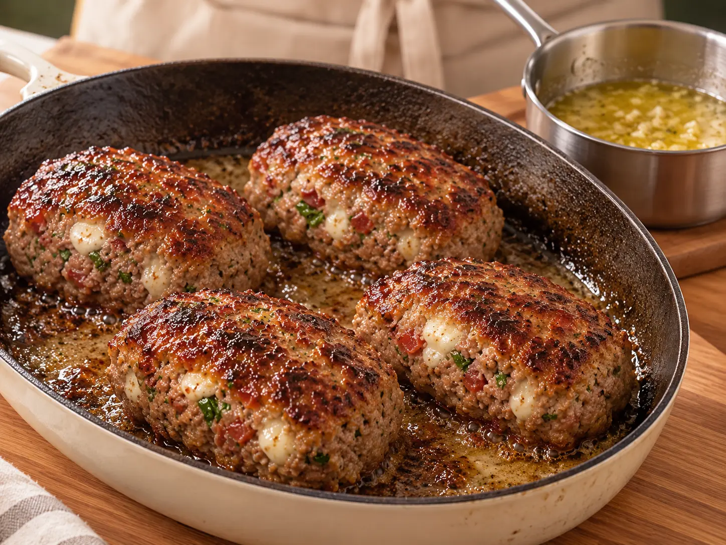 Four browned mini meat loaves in a skillet beside a saucepan of garlic butter