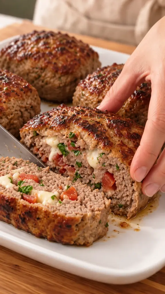 Sliced browned mini beef meat loaf showing mozzarella, tomato, bacon, and parsley on a white platter