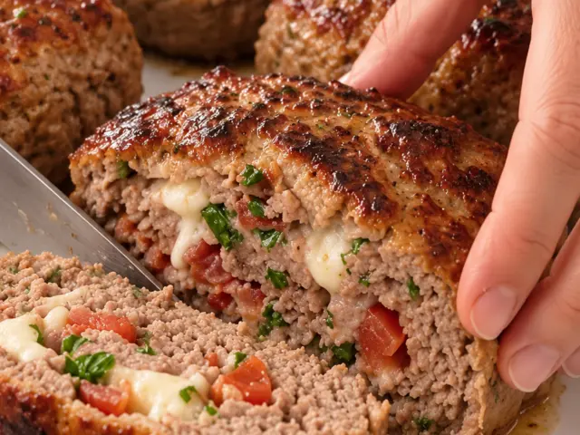 Sliced browned mini beef meat loaf showing mozzarella, tomato, bacon, and parsley on a white platter