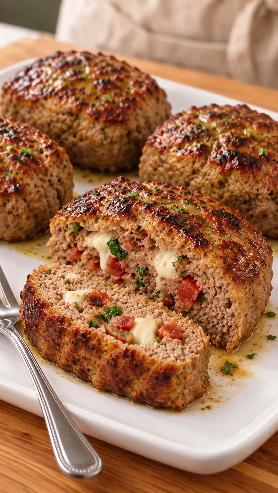 Garlic butter meat loaves on a white platter with one sliced to show melted mozzarella and diced tomato