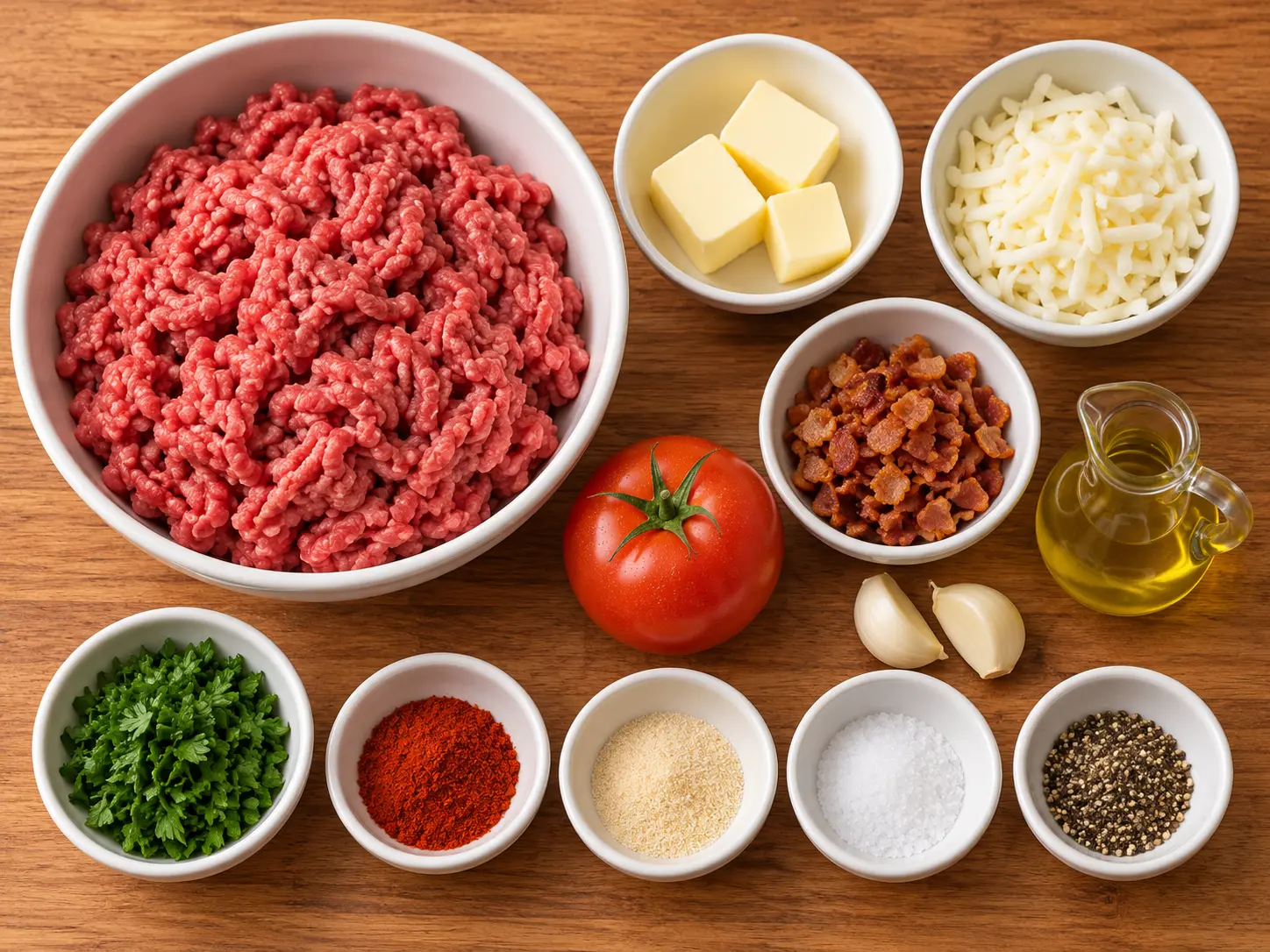 Ground beef, butter, mozzarella, crispy bacon, tomato, garlic, parsley, seasonings, and cooking oil