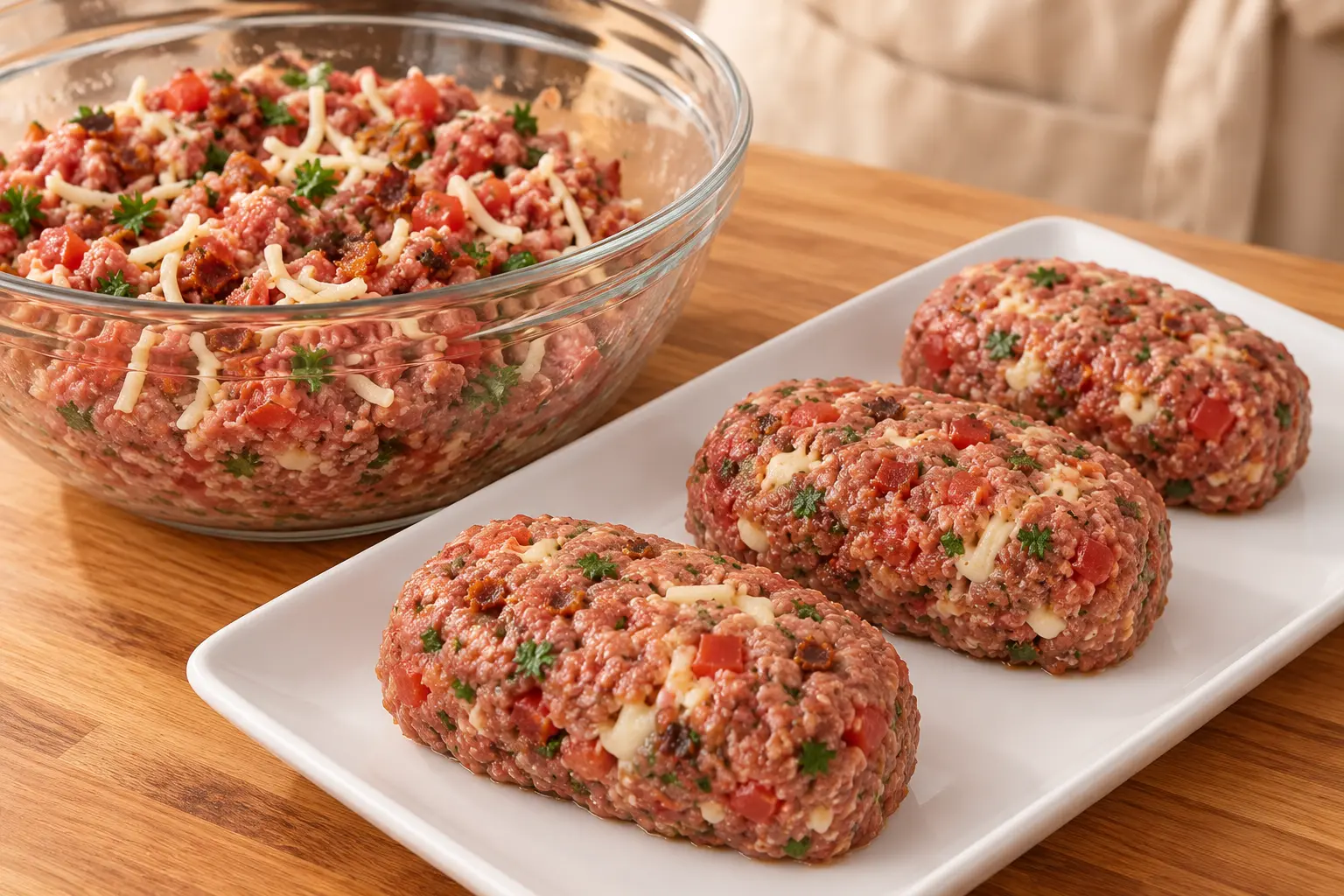 Raw beef mixture with tomato cheese and herbs beside shaped individual meat loaves