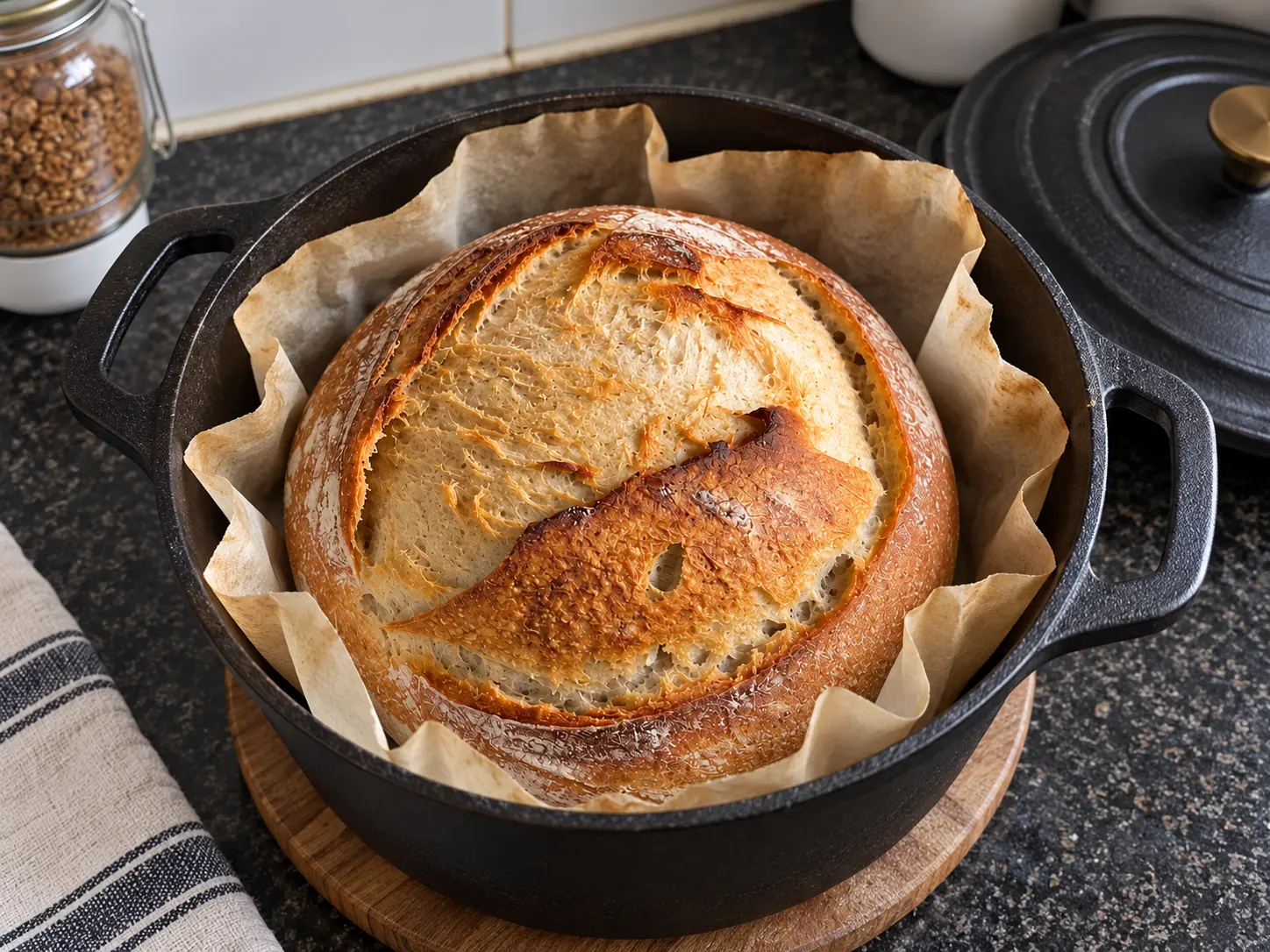 Golden scored sourdough boule in an uncovered Dutch oven