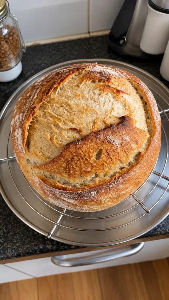 Golden round sourdough loaf with a sweeping score cooling on a circular wire rack