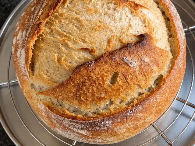 Golden round sourdough loaf with a sweeping score cooling on a circular wire rack