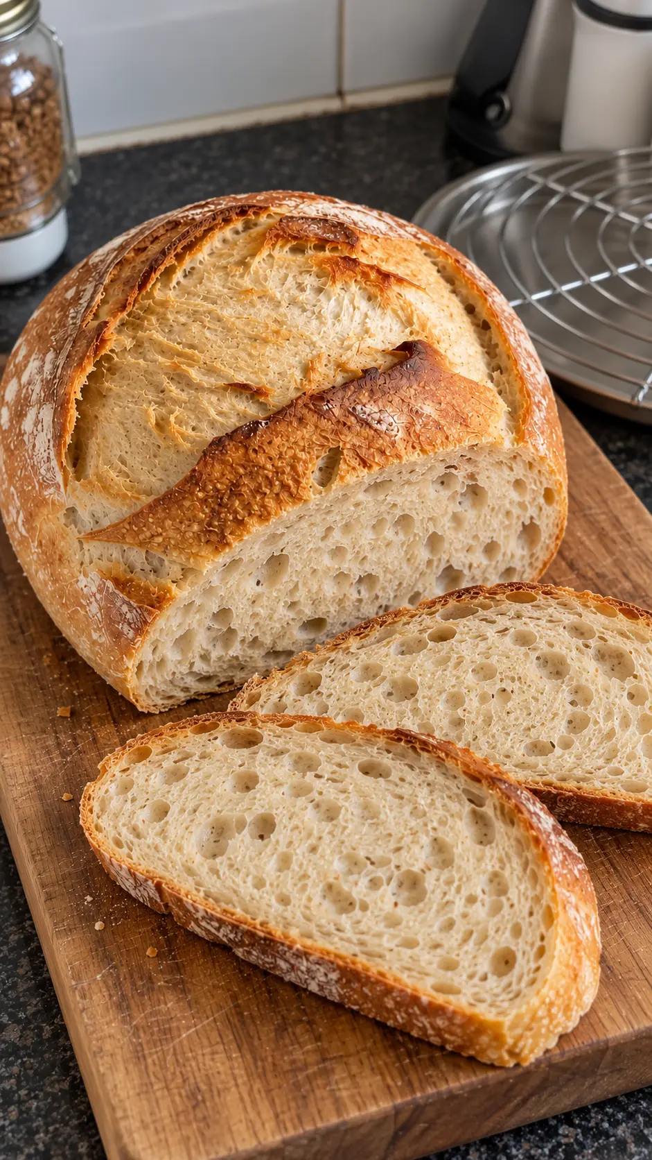 Sliced round sourdough bread with an ivory chewy crumb and golden crust