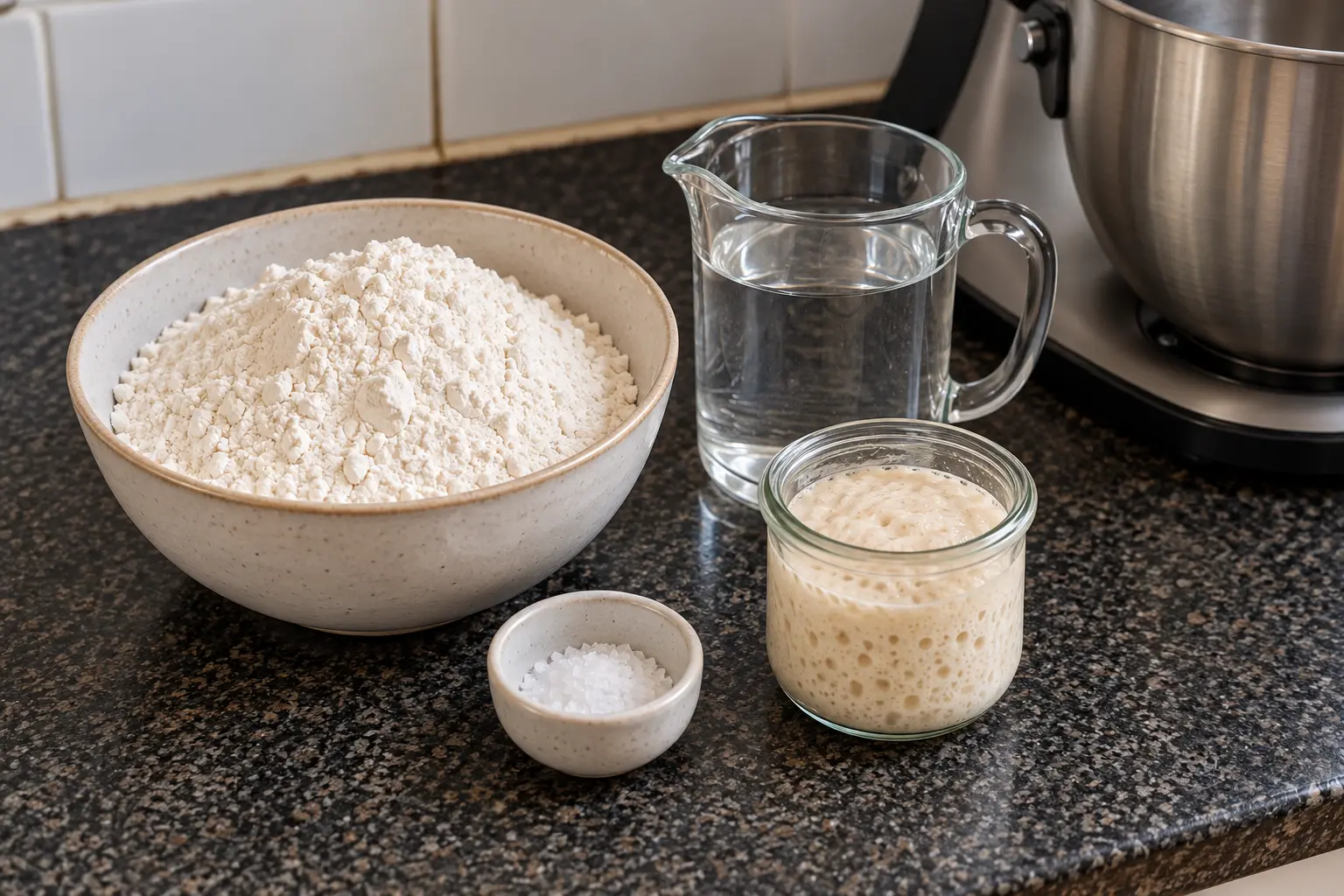 Bread flour, water, active sourdough starter, and salt beside a stand-mixer bowl