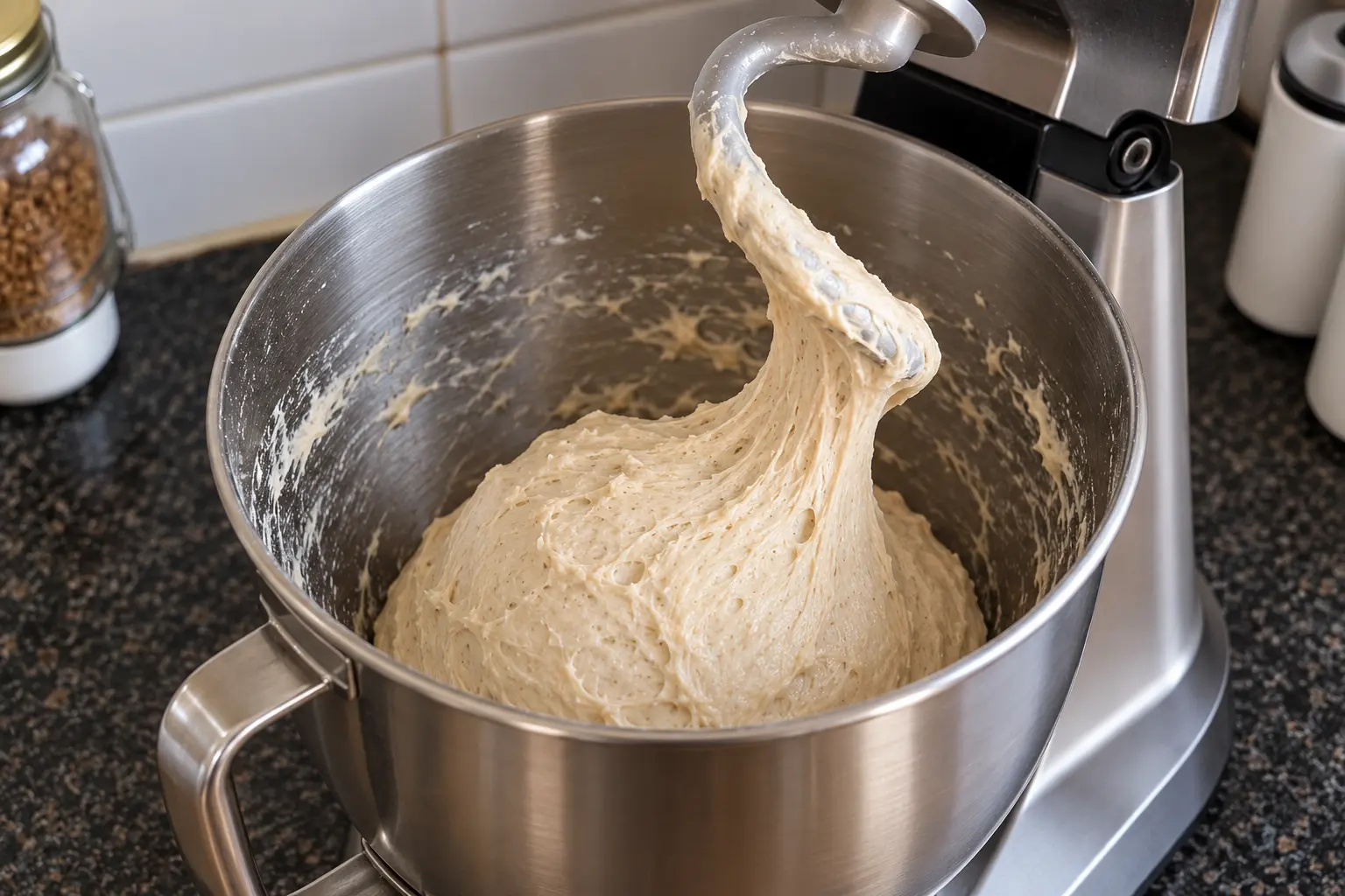Elastic sourdough dough in a stand mixer with the dough hook raised