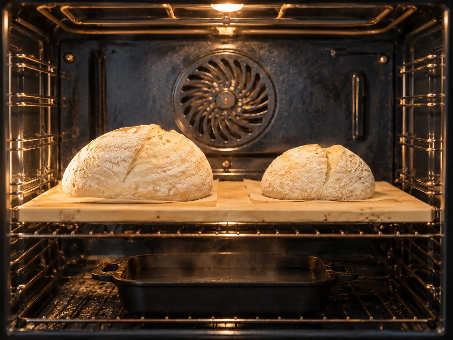 Two scored sourdough loaves on a baking stone with a metal steam pan below