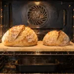 Two differently sized golden sourdough loaves baking together on one oven stone