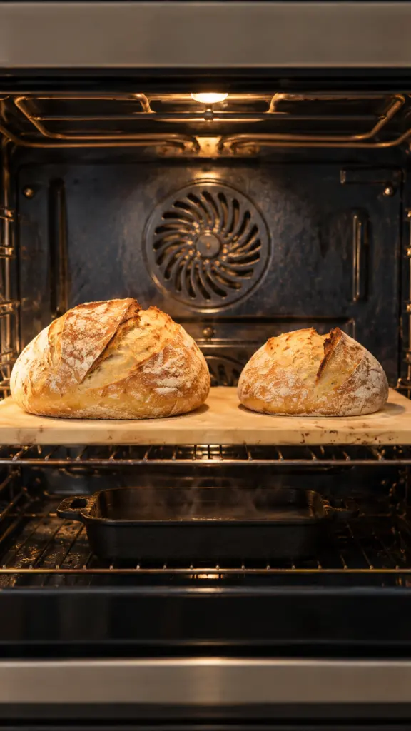 Two differently sized golden sourdough loaves baking together on one oven stone