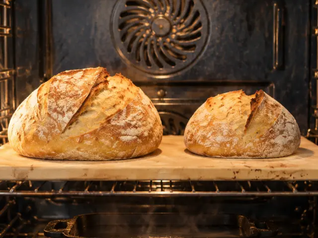 Two differently sized golden sourdough loaves baking together on one oven stone