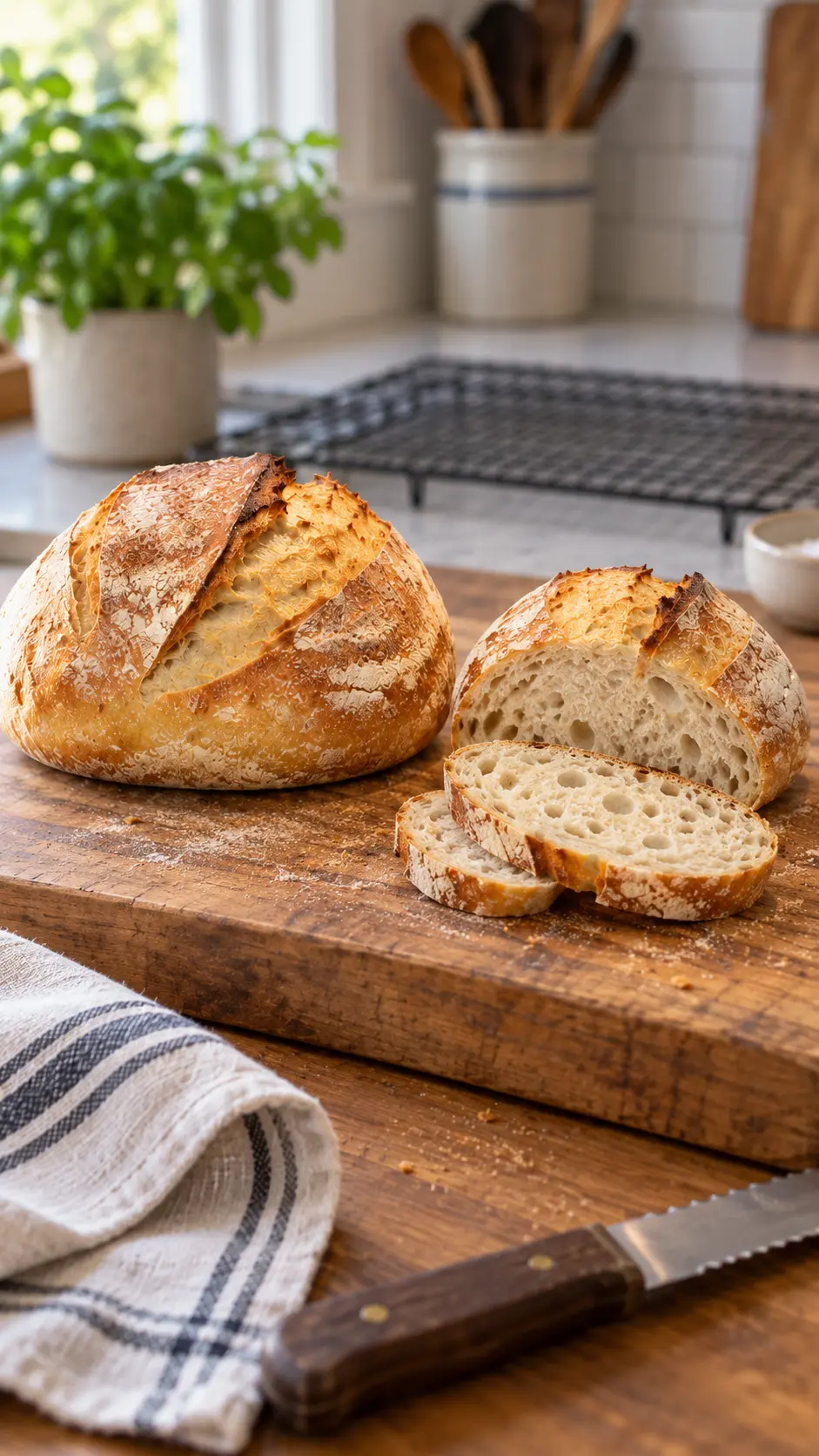 Large round sourdough loaf beside a smaller sliced loaf with a chewy ivory crumb