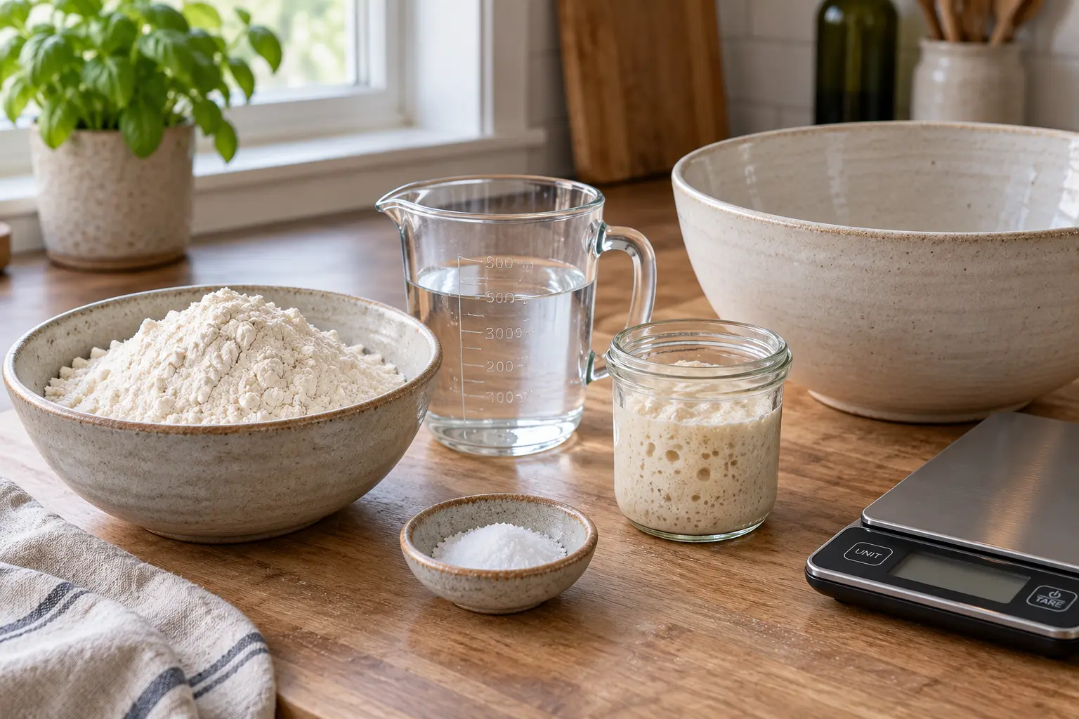 Bread flour, water, active sourdough starter, and salt for two loaves