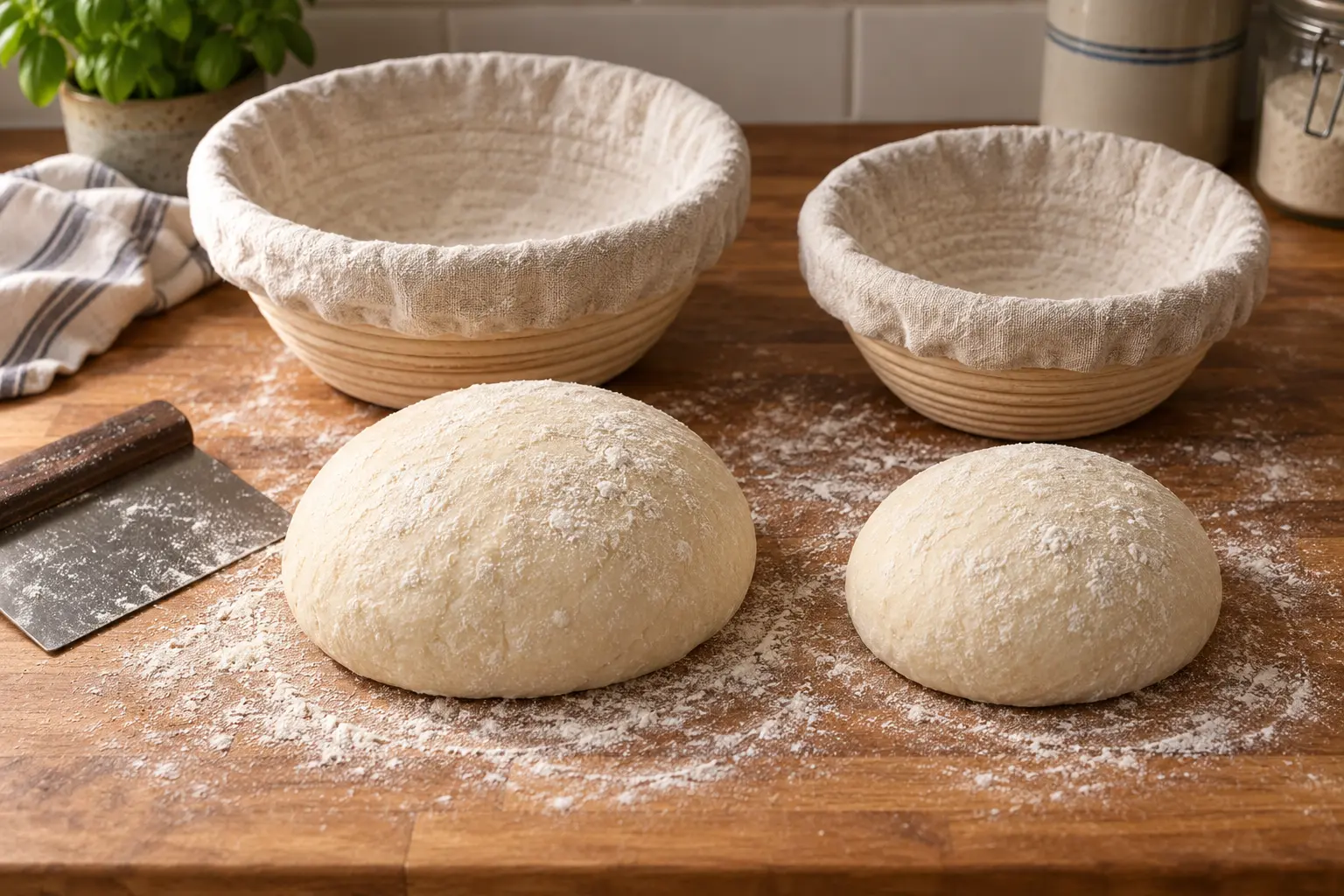Larger and smaller round sourdough portions beside cloth-lined proofing bowls