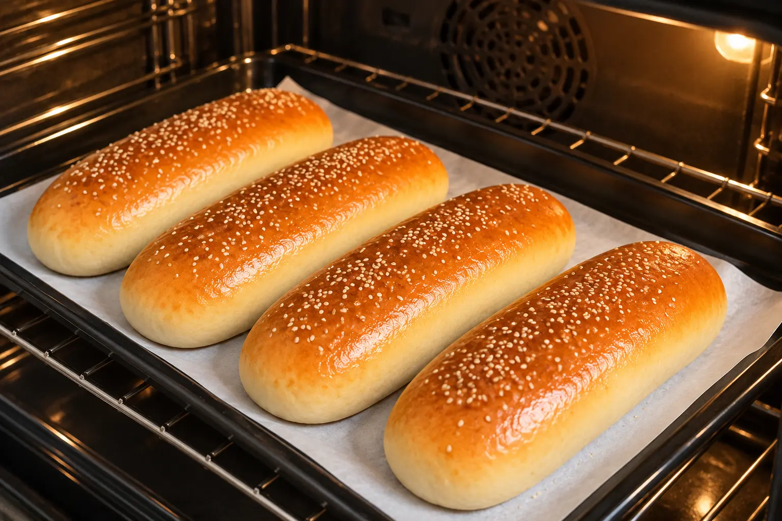 Four glossy sesame hot dog buns baking until golden in the oven