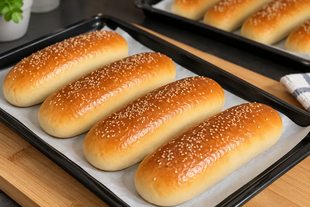 Golden sesame hot dog buns on a black parchment-lined baking tray