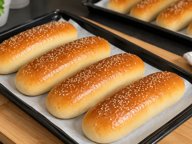 Golden sesame hot dog buns on a black parchment-lined baking tray