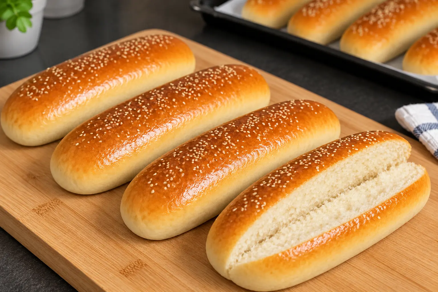 Homemade sesame hot dog buns with one split lengthwise to show its soft pale crumb