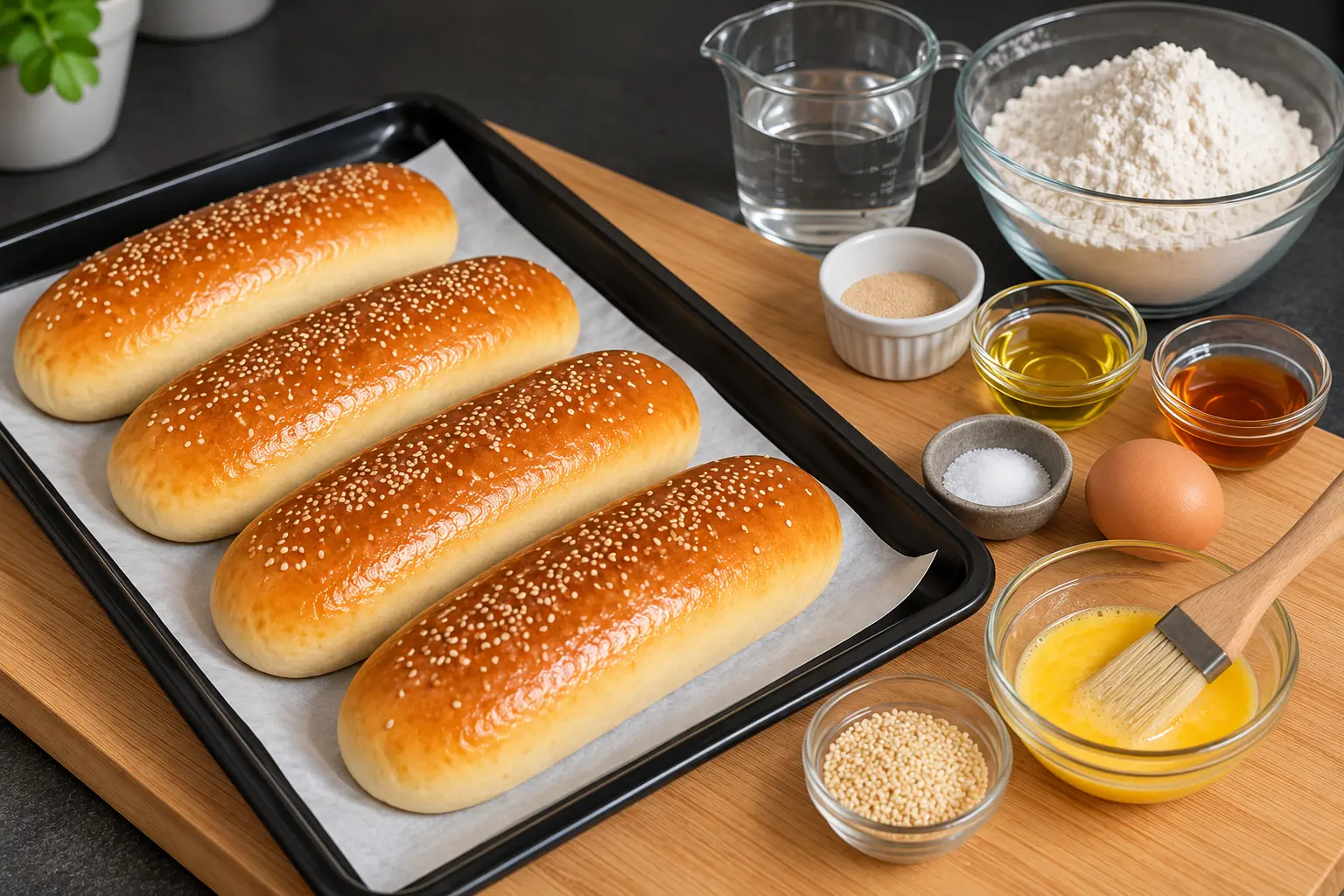 Flour, yeast, water, egg, avocado oil, maple syrup, salt, beaten egg wash, and sesame seeds for homemade buns