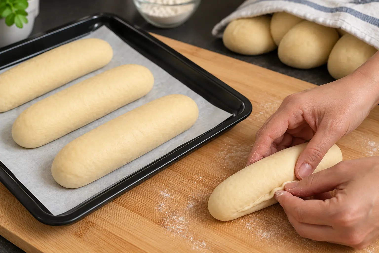 Hands shaping a smooth dough log beside unbaked hot dog buns on a tray