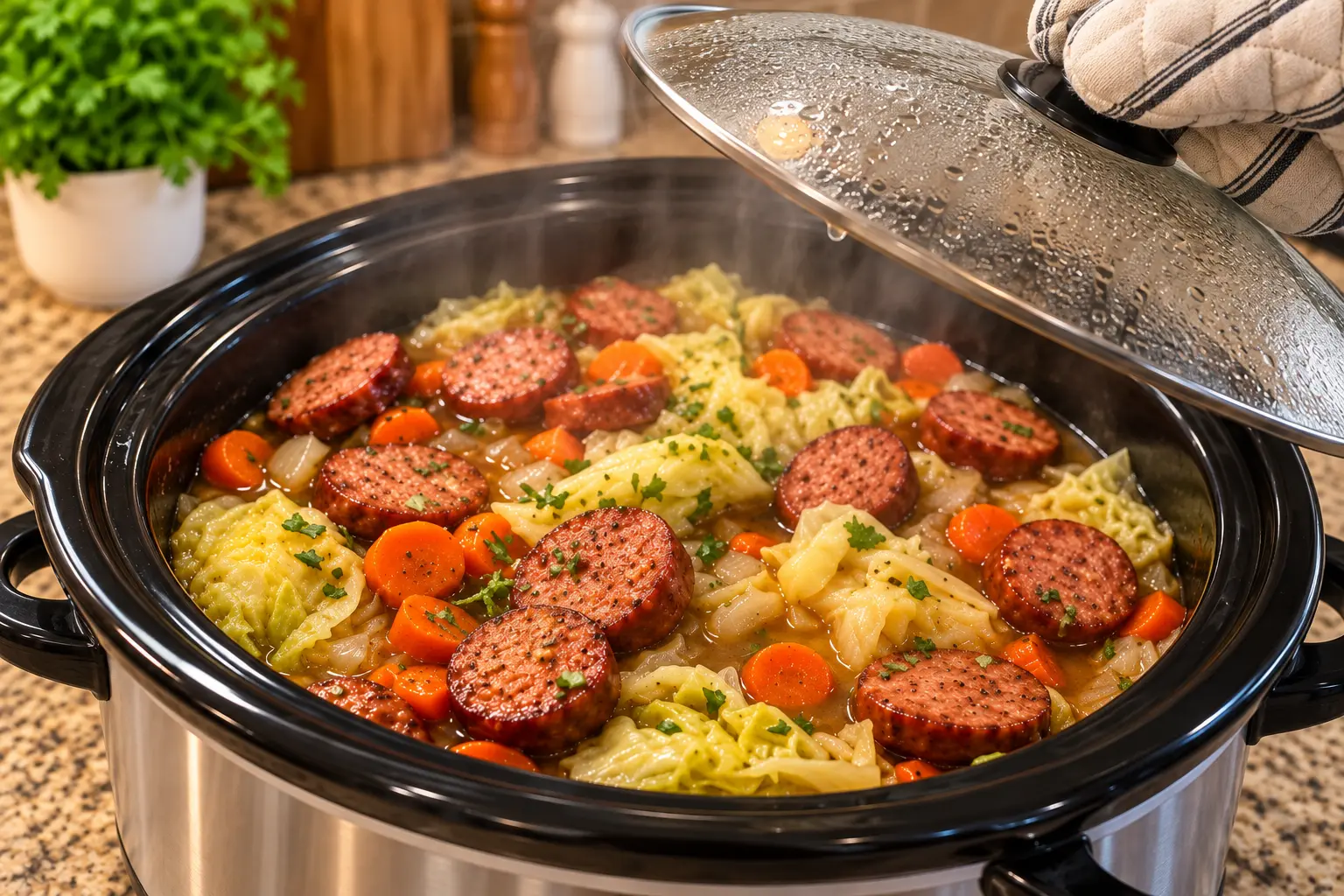Lid lifted over hot cabbage carrots and smoked beef sausage in a stainless slow cooker