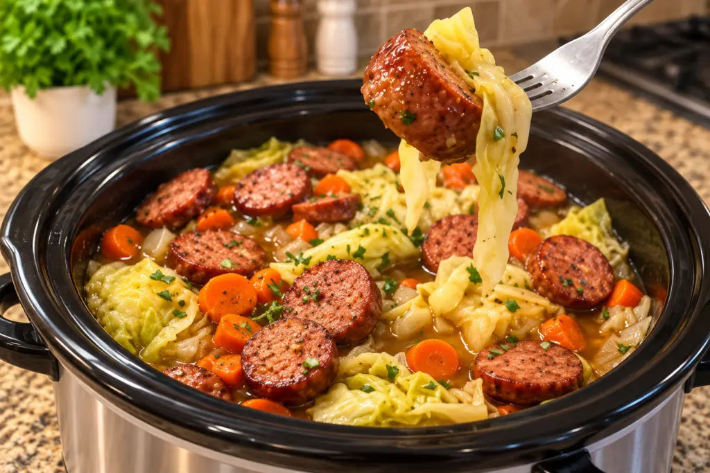 Fork lifting smoked beef sausage and cabbage above a black slow cooker with carrots and broth