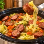 Fork lifting smoked beef sausage and cabbage above a black slow cooker with carrots and broth