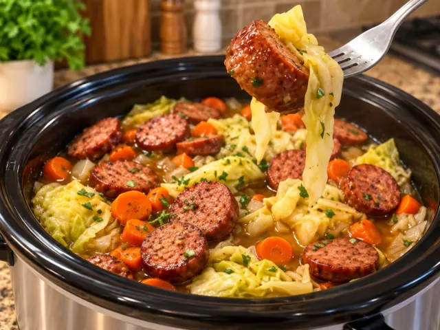 Fork lifting smoked beef sausage and cabbage above a black slow cooker with carrots and broth