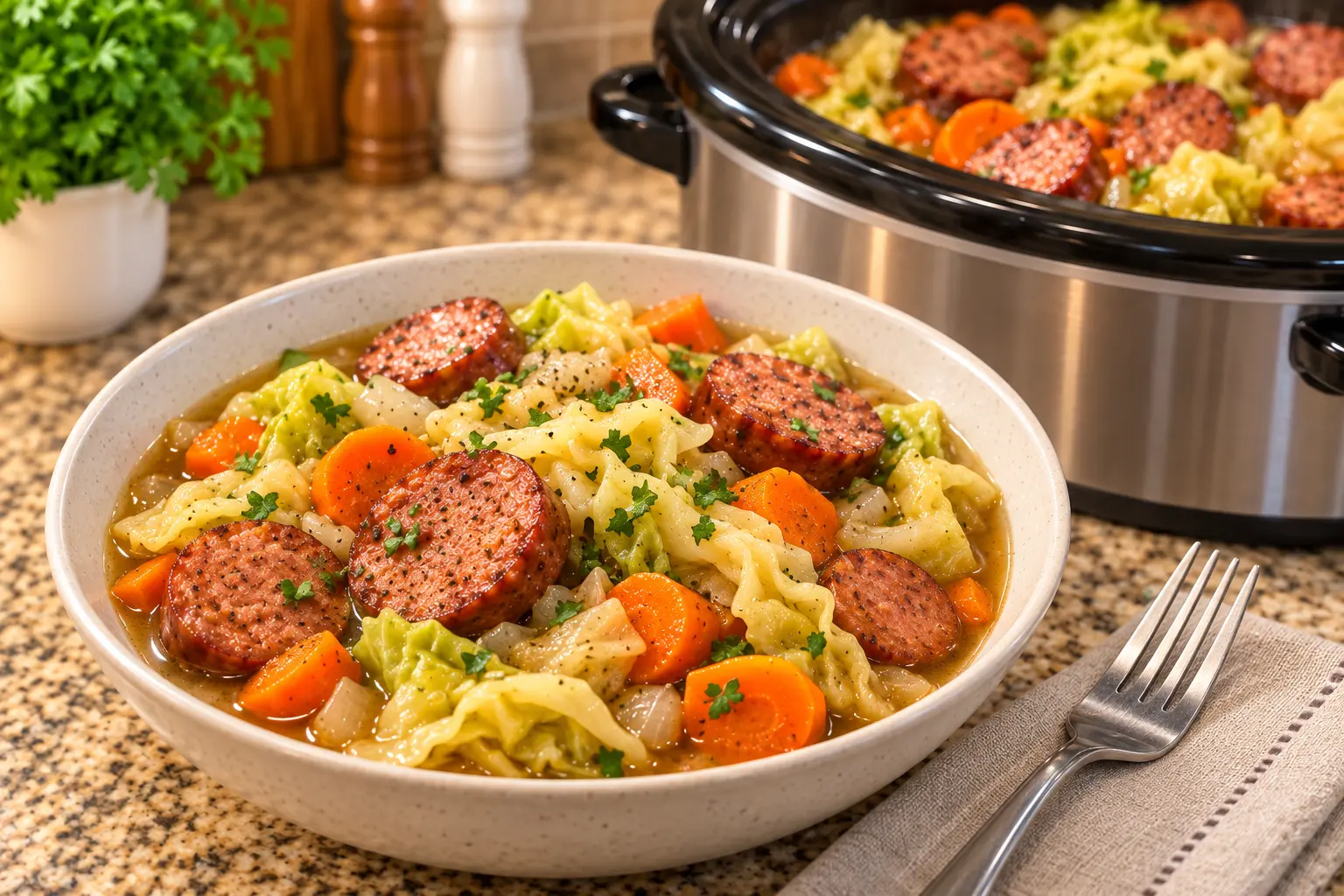 Bowl of smoked beef sausage cabbage carrots and onion with broth and parsley
