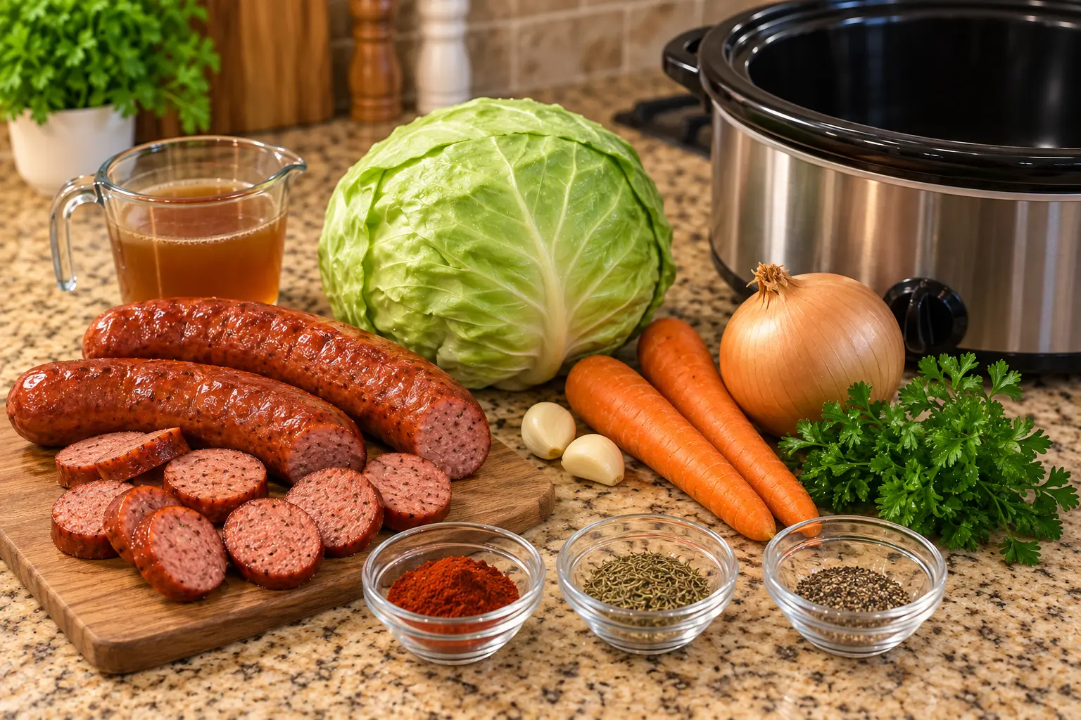 Beef sausage cabbage carrots onion garlic beef broth paprika thyme pepper and parsley
