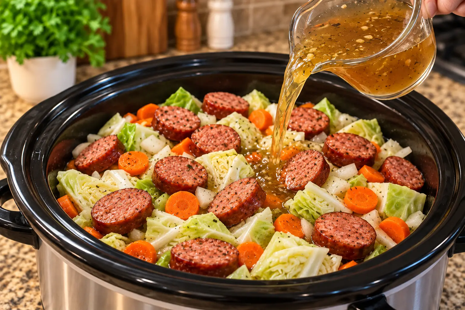 Seasoned beef broth poured over cabbage carrots onion and beef sausage in a slow cooker